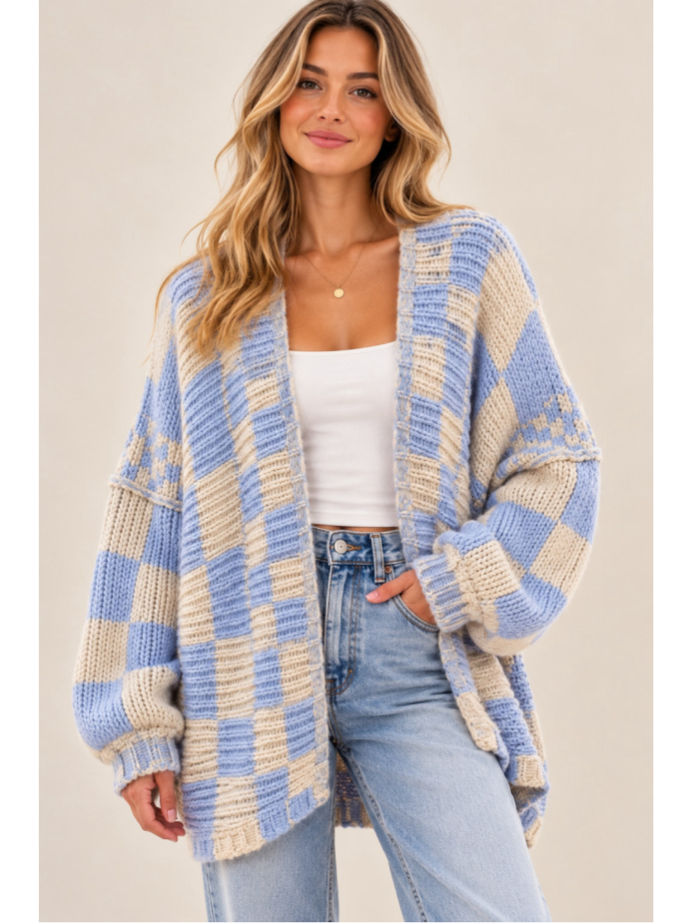 Altar’d State Shannon Cardigan S/M Blue Ivory Checkered Oversized Chunky Knit